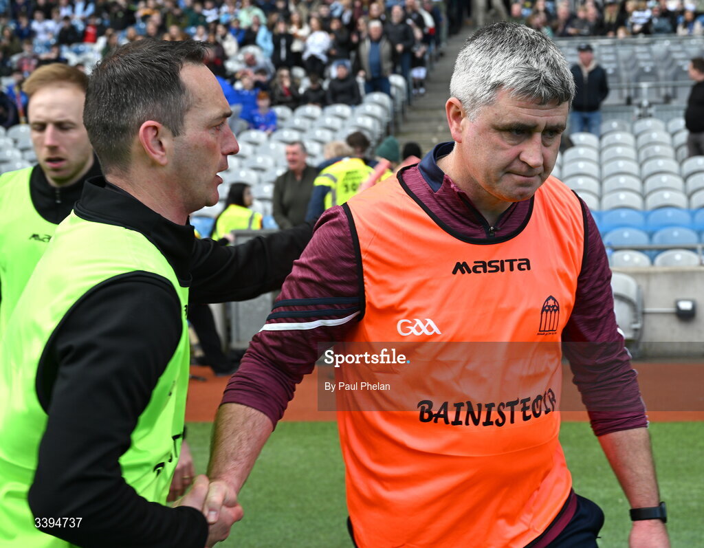 17 March 2026; St Kieran's College manager Brian Dowling shakes hands with Athenry manager Michael Finn after the Masita GAA Post Primary Schools Croke Cup final match between Presentation College Athenry, Galway, and St Kieran's College, Kilkenny, at Croke Park in Dublin. Photo by Paul Phelan/Sportsfile