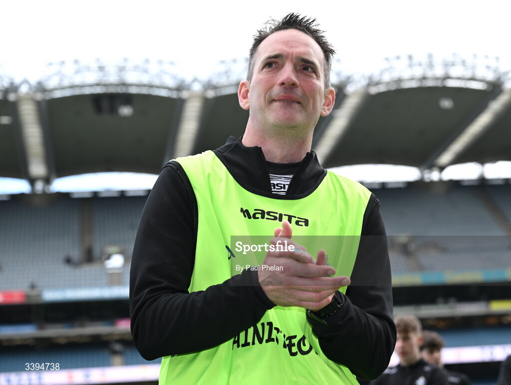 17 March 2026; St Kieran's College manager Brian Dowling celebrates after the GAA Post Primary Schools Croke Cup final match between Presentation College Athenry, Galway, and St Kieran's College, Kilkenny, at Croke Park in Dublin. Photo by Paul Phelan/Sportsfile