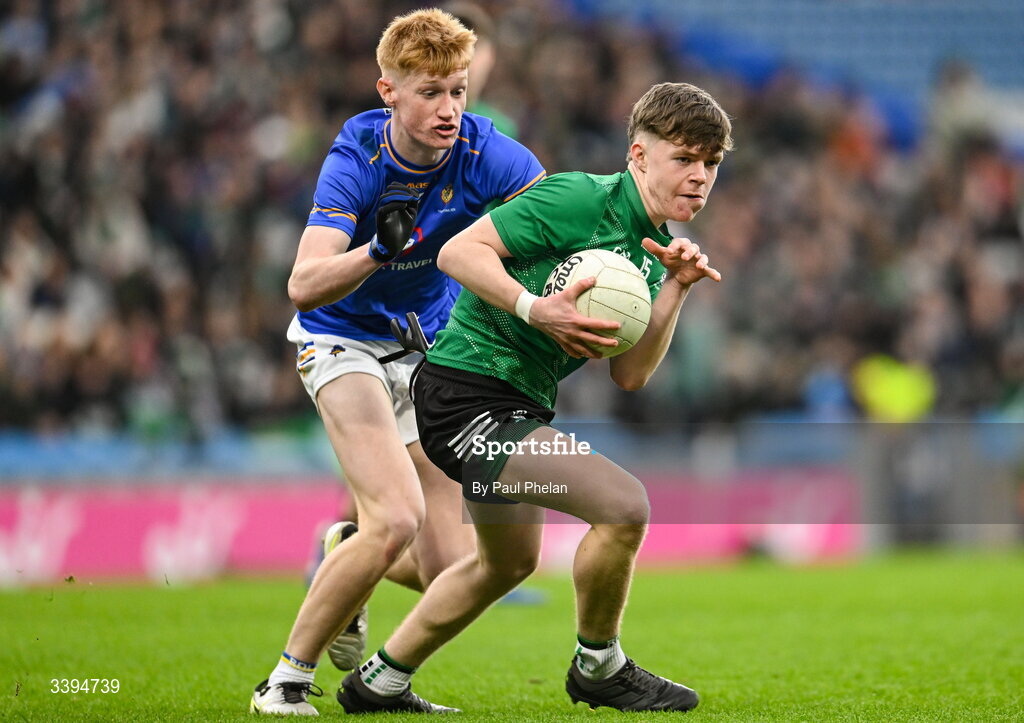 17 March 2026; Stephen McWade of Coláiste Mhuire, Mullingar in action against Eoin O’Flaherty of Tralee CBS during the Masita GAA Post Primary Schools Hogan Cup final match between Coláiste Mhuire Mullingar, Westmeath, and Tralee CBS, Kerry, at Croke Park in Dublin. Photo by Paul Phelan/Sportsfile