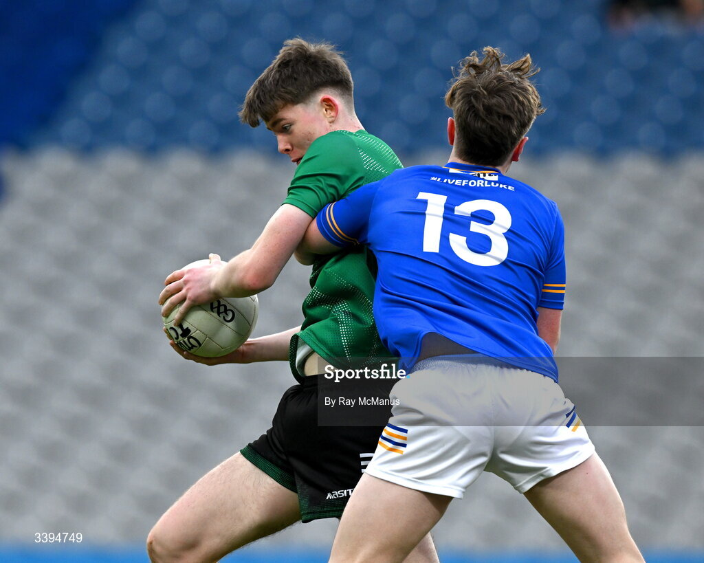 17 March 2026; Eoin Donohue of Coláiste Mhuire Mullingar in action against Ryan Hurley of Tralee CBS during the Masita GAA Post Primary Schools Hogan Cup final match between Coláiste Mhuire Mullingar, Westmeath, and Tralee CBS, Kerry,  at Croke Park in Dublin. Photo by Ray McManus/Sportsfile
