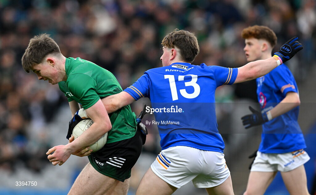 17 March 2026; Eoin Donohue of Coláiste Mhuire Mullingar in action against Ryan Hurley of Tralee CBS during the Masita GAA Post Primary Schools Hogan Cup final match between Coláiste Mhuire Mullingar, Westmeath, and Tralee CBS, Kerry,  at Croke Park in Dublin. Photo by Ray McManus/Sportsfile