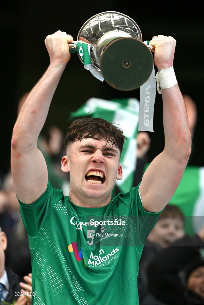 17 March 2026; Michael Weir of Coláiste Mhuire Mullingar lifts the Hogan Cup after the Masita GAA Post Primary Schools Hogan Cup final match between Coláiste Mhuire Mullingar, Westmeath, and Tralee CBS, Kerry,  at Croke Park in Dublin. Photo by Ray McManus/Sportsfile