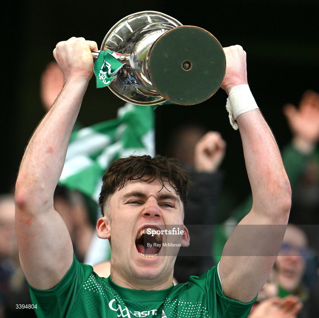 17 March 2026; Michael Weir of Coláiste Mhuire Mullingar lifts the Hogan Cup after the Masita GAA Post Primary Schools Hogan Cup final match between Coláiste Mhuire Mullingar, Westmeath, and Tralee CBS, Kerry,  at Croke Park in Dublin. Photo by Ray McManus/Sportsfile