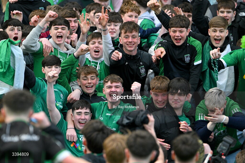 17 March 2026; Coláiste Mhuire Mullingar supporters celebrate after the Masita GAA Post Primary Schools Hogan Cup final match between Coláiste Mhuire Mullingar, Westmeath, and Tralee CBS, Kerry,  at Croke Park in Dublin. Photo by Ray McManus/Sportsfile
