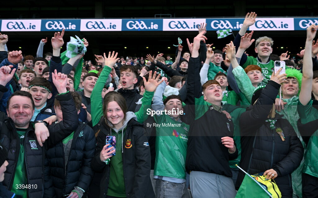 17 March 2026; Coláiste Mhuire Mullingar supporters celebrate after the Masita GAA Post Primary Schools Hogan Cup final match between Coláiste Mhuire Mullingar, Westmeath, and Tralee CBS, Kerry,  at Croke Park in Dublin. Photo by Ray McManus/Sportsfile