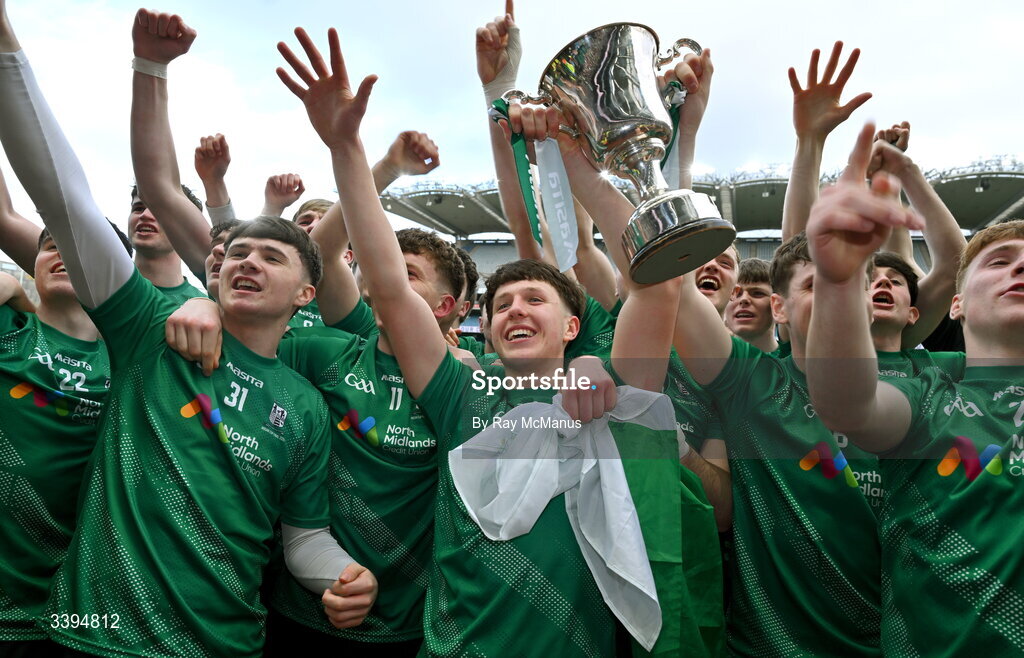 17 March 2026; Conor Cleary of Coláiste Mhuire Mullingar and team mates celebrate after the Masita GAA Post Primary Schools Hogan Cup final match between Coláiste Mhuire Mullingar, Westmeath, and Tralee CBS, Kerry,  at Croke Park in Dublin. Photo by Ray McManus/Sportsfile