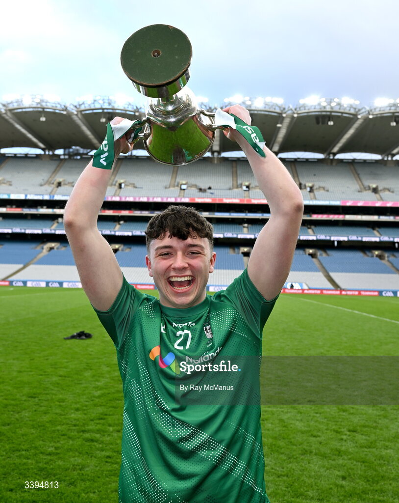17 March 2026; Beau Greene of Coláiste Mhuire Mullingar with the Hogan Cup after the Masita GAA Post Primary Schools Hogan Cup final match between Coláiste Mhuire Mullingar, Westmeath, and Tralee CBS, Kerry,  at Croke Park in Dublin. Photo by Ray McManus/Sportsfile