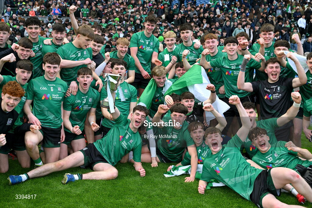 17 March 2026; Members of the Coláiste Mhuire Mullingar panel celebrate as Paul Keating holds up the Hogan Cup after the Masita GAA Post Primary Schools Hogan Cup final match between Coláiste Mhuire Mullingar, Westmeath, and Tralee CBS, Kerry,  at Croke Park in Dublin. Photo by Ray McManus/Sportsfile