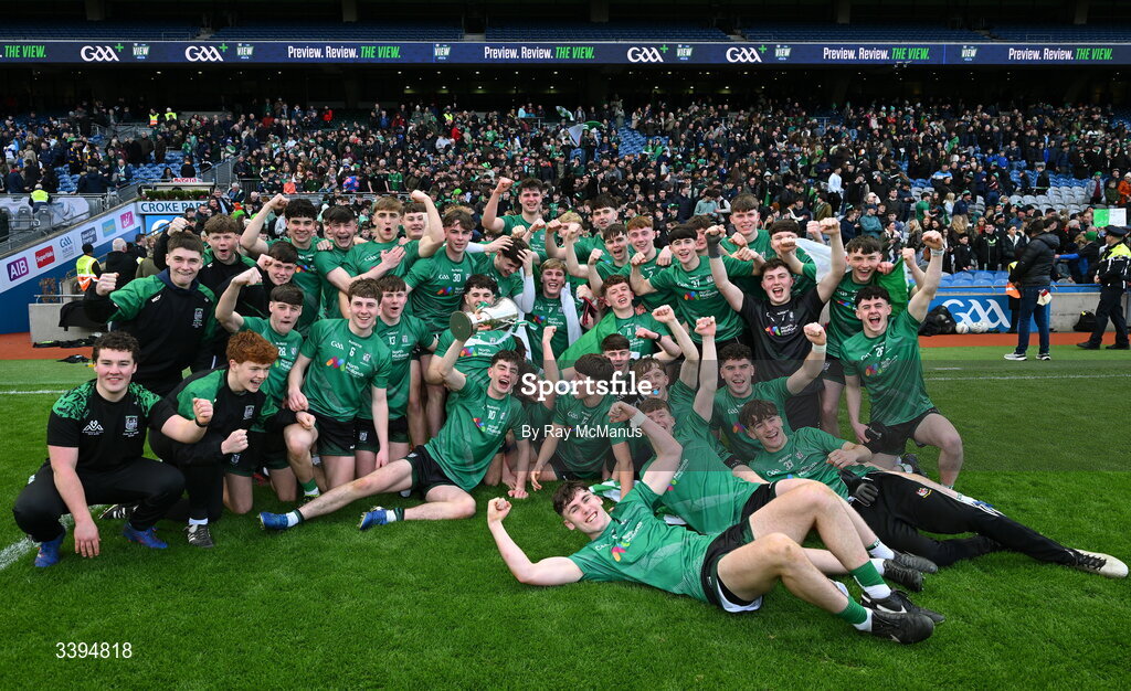 17 March 2026; Members of the Coláiste Mhuire Mullingar panel celebrate with Hogan Cup after the Masita GAA Post Primary Schools Hogan Cup final match between Coláiste Mhuire Mullingar, Westmeath, and Tralee CBS, Kerry,  at Croke Park in Dublin. Photo by Ray McManus/Sportsfile
