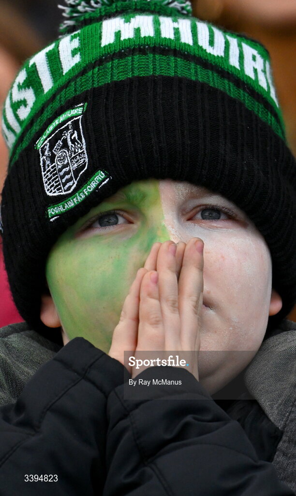 17 March 2026; Coláiste Mhuire Mullingar supporter Tom McInerney, age 10, watches the last minutes of the Masita GAA Post Primary Schools Hogan Cup final match between Coláiste Mhuire Mullingar, Westmeath, and Tralee CBS, Kerry,  at Croke Park in Dublin. Photo by Ray McManus/Sportsfile