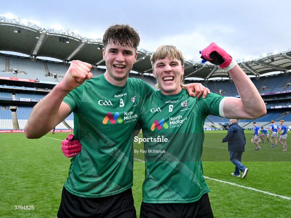 17 March 2026; Rory O’Brien and Críostóir Ormsby of Coláiste Mhuire Mullingar celebrate after the Masita GAA Post Primary Schools Hogan Cup final match between Coláiste Mhuire Mullingar, Westmeath, and Tralee CBS, Kerry,  at Croke Park in Dublin. Photo by Ray McManus/Sportsfile