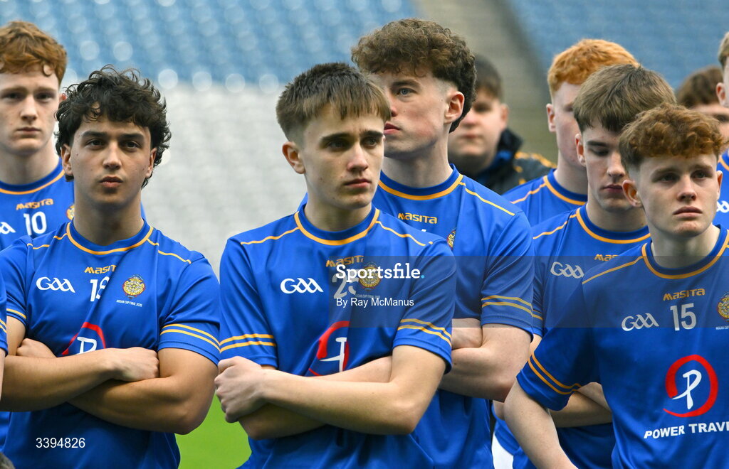 17 March 2026; Tralee CBS players during the presentation after the Masita GAA Post Primary Schools Hogan Cup final match between Coláiste Mhuire Mullingar, Westmeath, and Tralee CBS, Kerry,  at Croke Park in Dublin. Photo by Ray McManus/Sportsfile