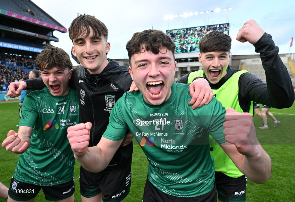 17 March 2026; Beau Greene of Coláiste Mhuire Mullingar celebrates with team mates after the Masita GAA Post Primary Schools Hogan Cup final match between Coláiste Mhuire Mullingar, Westmeath, and Tralee CBS, Kerry,  at Croke Park in Dublin. Photo by Ray McManus/Sportsfile