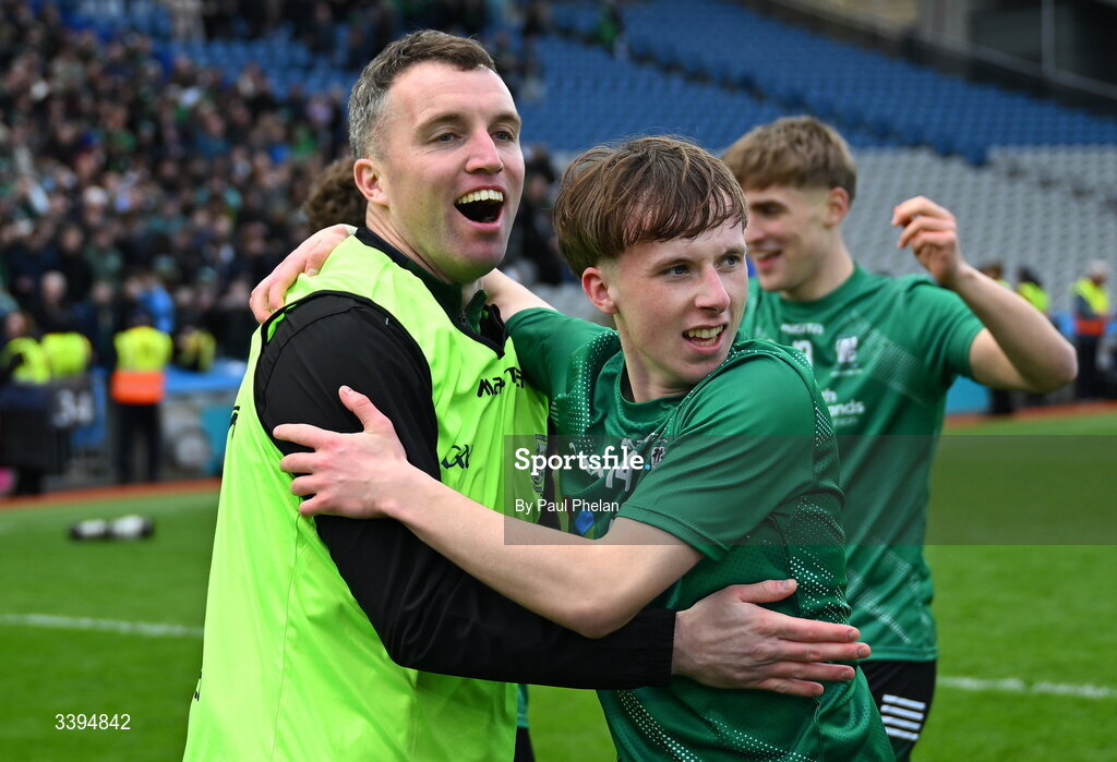 17 March 2026; Coláiste Mhuire Mullingar manager Dean McNicholas and player Finn Higgins celebrate after the Masita GAA Post Primary Schools Hogan Cup final match between Coláiste Mhuire Mullingar, Westmeath, and Tralee CBS, Kerry, at Croke Park in Dublin. Photo by Paul Phelan/Sportsfile