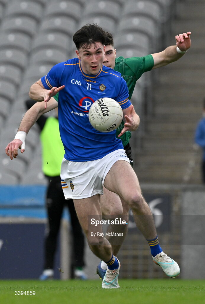 17 March 2026; Ronan Carroll of Tralee CBS in action against Ty Masterson of Coláiste Mhuire Mullingar during the Masita GAA Post Primary Schools Hogan Cup final match between Coláiste Mhuire Mullingar, Westmeath, and Tralee CBS, Kerry,  at Croke Park in Dublin. Photo by Ray McManus/Sportsfile