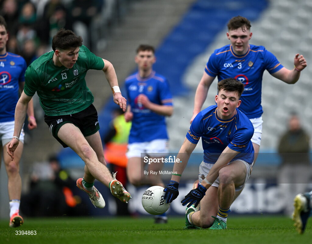 17 March 2026; Will Scahill of Coláiste Mhuire, Mullingar has ashot blocked by Mikey Corridon of Tralee CBS during the Masita GAA Post Primary Schools Hogan Cup final match between Coláiste Mhuire Mullingar, Westmeath, and Tralee CBS, Kerry,  at Croke Park in Dublin. Photo by Ray McManus/Sportsfile