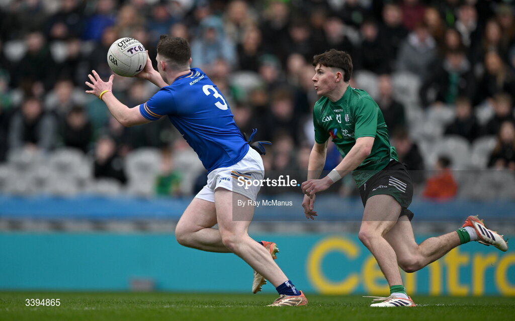 17 March 2026; Eoin Moriarty of Tralee CBS in action against Will Scahill of Coláiste Mhuire Mullingar during the Masita GAA Post Primary Schools Hogan Cup final match between Coláiste Mhuire Mullingar, Westmeath, and Tralee CBS, Kerry,  at Croke Park in Dublin. Photo by Ray McManus/Sportsfile
