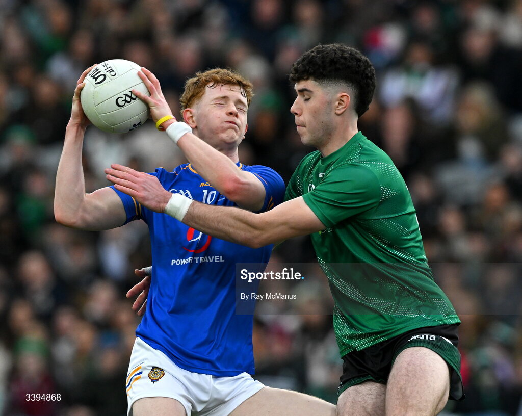 17 March 2026; Tadhg O’Connor of Tralee CBS is tackled by Ty Masterson of Coláiste Mhuire Mullingar during the Masita GAA Post Primary Schools Hogan Cup final match between Coláiste Mhuire Mullingar, Westmeath, and Tralee CBS, Kerry,  at Croke Park in Dublin. Photo by Ray McManus/Sportsfile