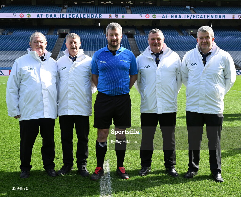17 March 2026; Referee Thomas Walsh and his officials before the Masita GAA Post Primary Schools Croke Cup final match between Presentation College Athenry, Galway, and St Kieran's College, Kilkenny, at Croke Park in Dublin. Photo by Ray McManus/Sportsfile