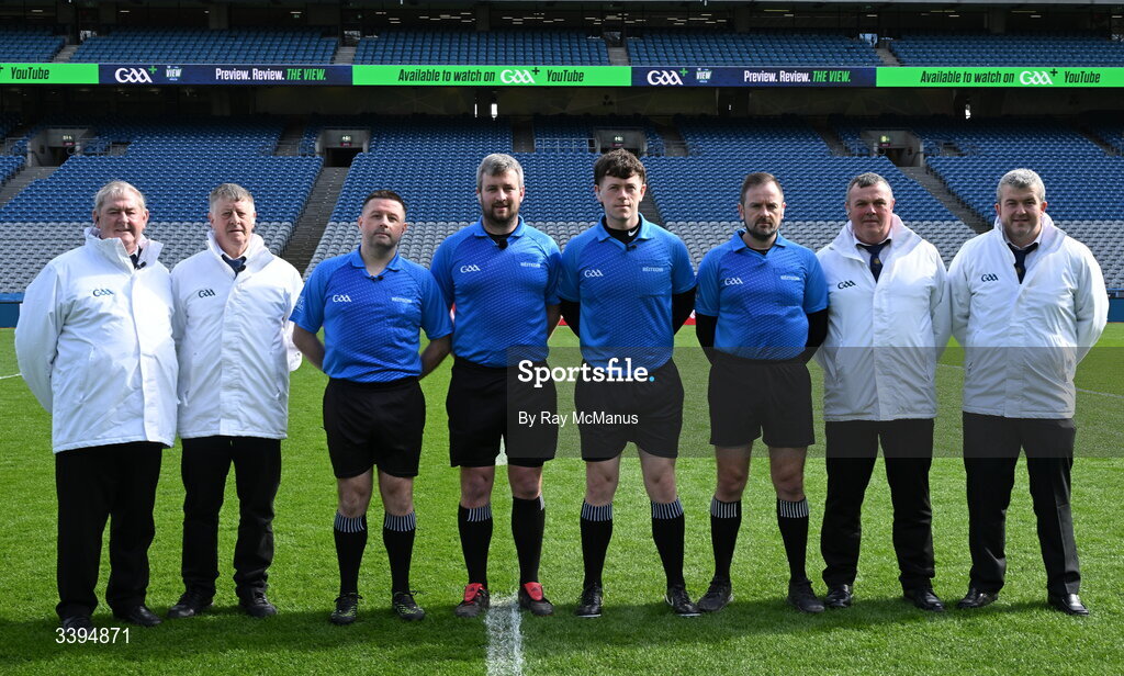 17 March 2026; Referee Thomas Walsh and his officials before the Masita GAA Post Primary Schools Croke Cup final match between Presentation College Athenry, Galway, and St Kieran's College, Kilkenny, at Croke Park in Dublin. Photo by Ray McManus/Sportsfile