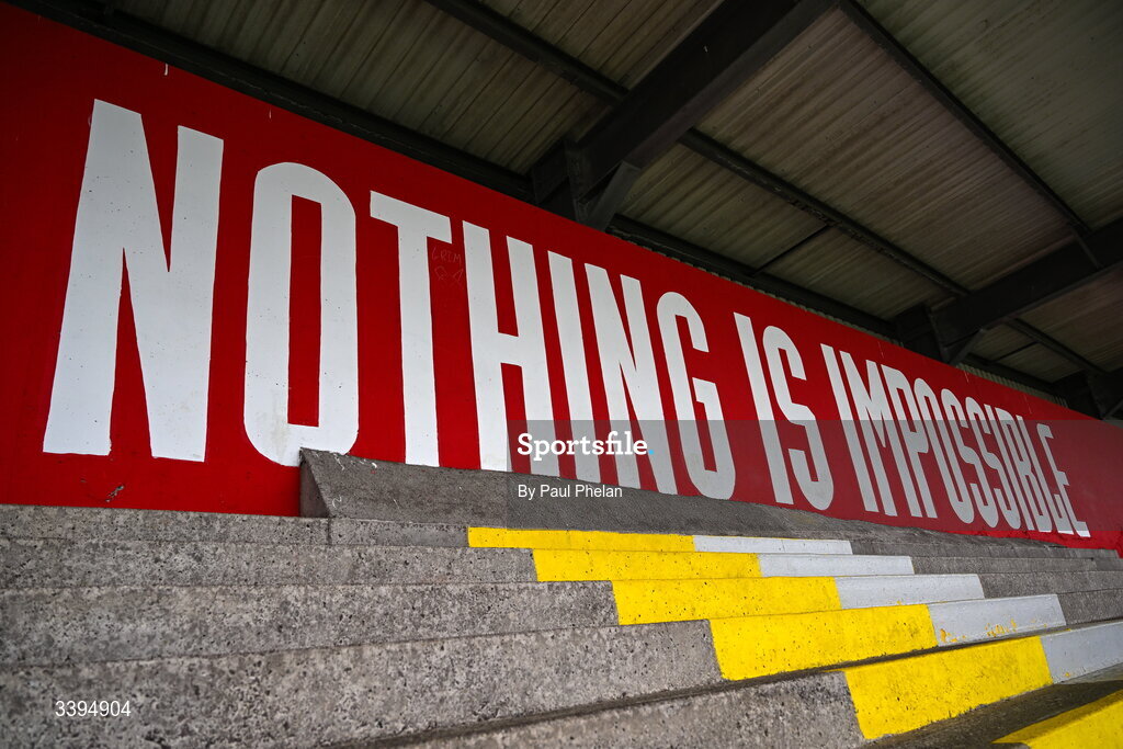 18 March 2026; A general view of of the ‘Nothing is impossible’ phrase before the Pinergy Munster Schools Boys Senior Cup final match between Presentation Brothers College and St. Munchin’s College at Virgin Media Park in Cork. Photo by Paul Phelan/Sportsfile