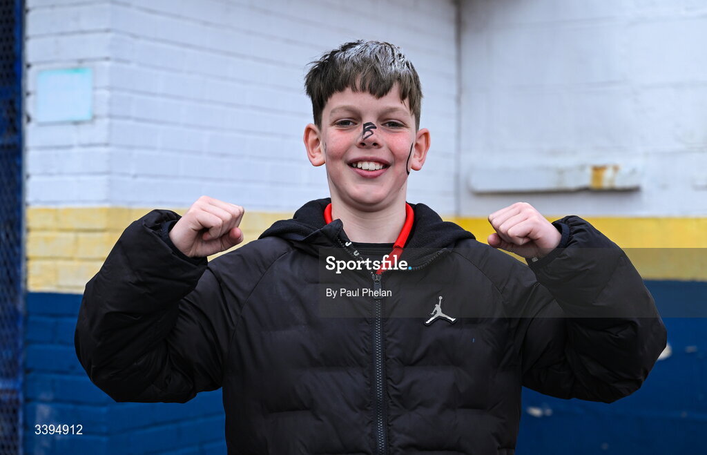 18 March 2026; A Presentation Brothers College, Cork supporter before the Pinergy Munster Schools Boys Senior Cup final match between Presentation Brothers College, Cork and St. Munchin’s College, Limerick at Virgin Media Park in Cork. Photo by Paul Phelan/Sportsfile