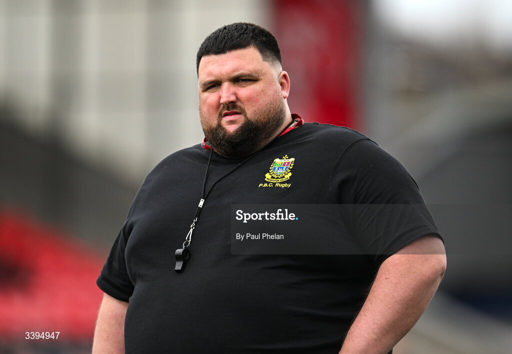 18 March 2026; Presentation Brothers College head coach Ger Burke before the Pinergy Munster Schools Boys Senior Cup final match between Presentation Brothers College, Cork and St. Munchin’s College, Limerick at Virgin Media Park in Cork. Photo by Paul Phelan/Sportsfile