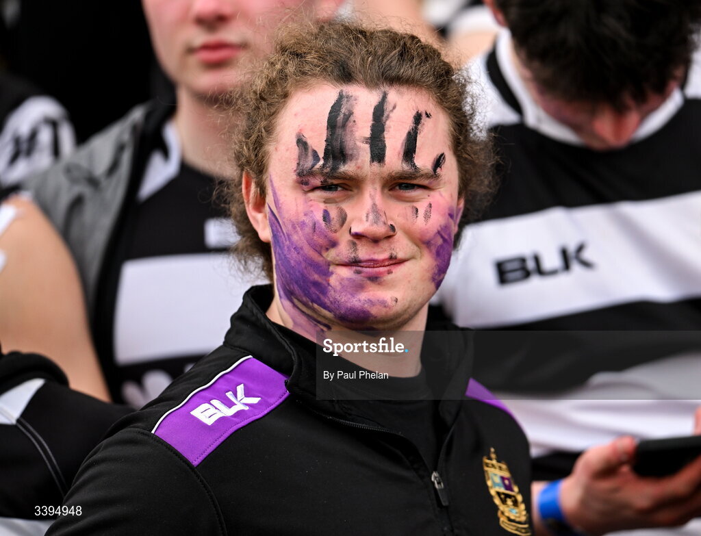 18 March 2026; A Presentation Brothers College, Cork supporter before the Pinergy Munster Schools Boys Senior Cup final match between Presentation Brothers College, Cork and St. Munchin’s College, Limerick at Virgin Media Park in Cork. Photo by Paul Phelan/Sportsfile