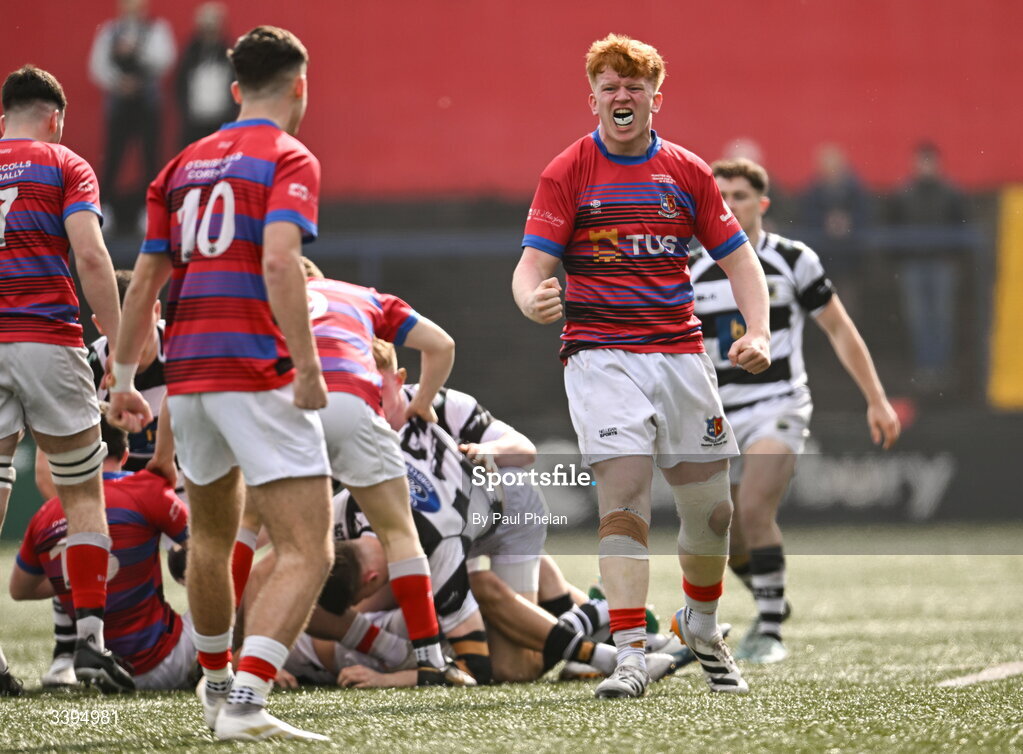 18 March 2026; Conor Dillon of St. Munchin’s College celebrates a turnover during the Pinergy Munster Schools Boys Senior Cup final match between Presentation Brothers College, Cork and St. Munchin’s College, Limerick at Virgin Media Park in Cork. Photo by Paul Phelan/Sportsfile