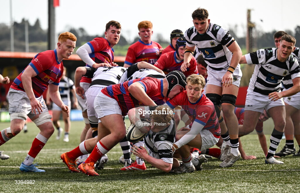 18 March 2026; Nathan Mac Carthy of Presentation Brothers College scores a try during the Pinergy Munster Schools Boys Senior Cup final match between Presentation Brothers College, Cork and St. Munchin’s College, Limerick at Virgin Media Park in Cork. Photo by Paul Phelan/Sportsfile