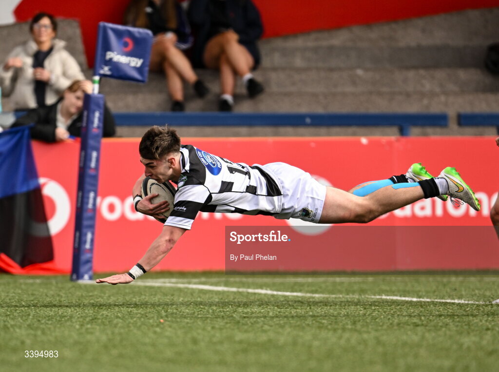 18 March 2026; Harry Galvin Carty of Presentation Brothers College scores a try during the Pinergy Munster Schools Boys Senior Cup final match between Presentation Brothers College, Cork and St. Munchin’s College, Limerick at Virgin Media Park in Cork. Photo by Paul Phelan/Sportsfile