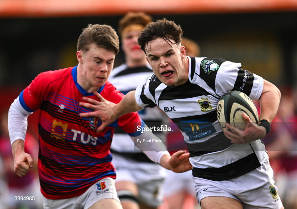 18 March 2026; David Nolan of Presentation Brothers College on his way to scoring a try during the Pinergy Munster Schools Boys Senior Cup final match between Presentation Brothers College, Cork and St. Munchin’s College, Limerick at Virgin Media Park in Cork. Photo by Paul Phelan/Sportsfile