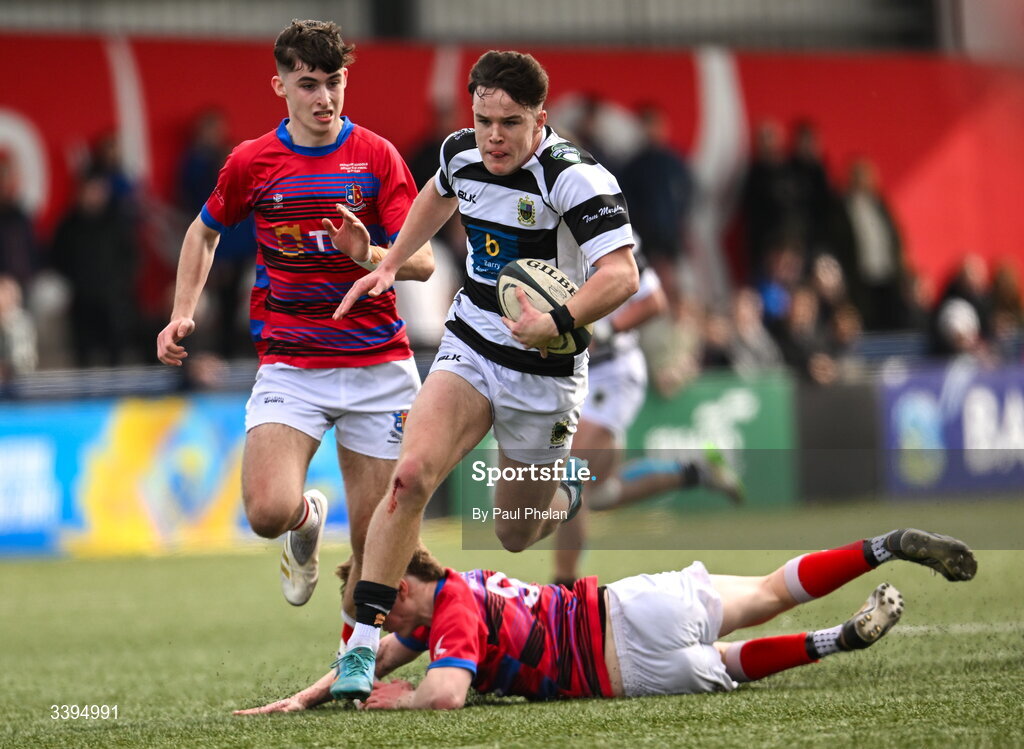 18 March 2026; David Nolan of Presentation Brothers College on his way to scoring a try during the Pinergy Munster Schools Boys Senior Cup final match between Presentation Brothers College, Cork and St. Munchin’s College, Limerick at Virgin Media Park in Cork. Photo by Paul Phelan/Sportsfile
