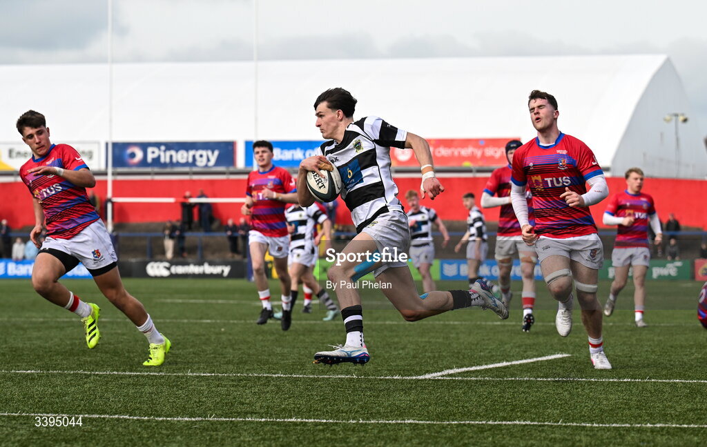 18 March 2026; Bobby O’Callaghan of Presentation Brothers College scores a try during the Pinergy Munster Schools Boys Senior Cup final match between Presentation Brothers College, Cork and St. Munchin’s College, Limerick at Virgin Media Park in Cork. Photo by Paul Phelan/Sportsfile