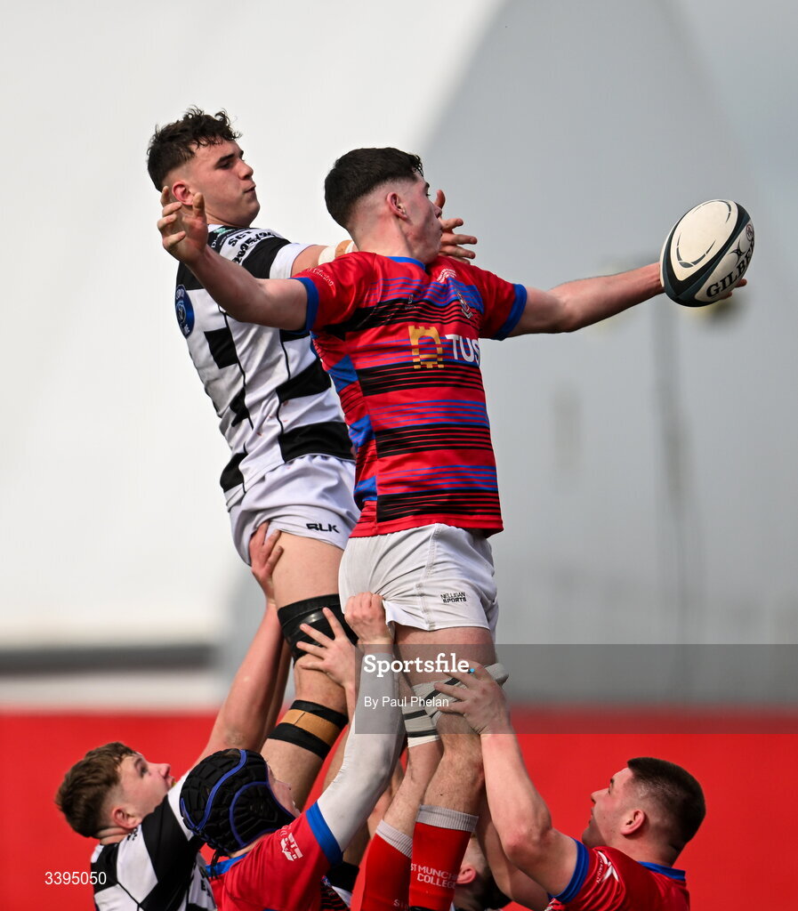 18 March 2026; Jack Meaney of St. Munchin’s College steals a line-out during the Pinergy Munster Schools Boys Senior Cup final match between Presentation Brothers College, Cork and St. Munchin’s College, Limerick at Virgin Media Park in Cork. Photo by Paul Phelan/Sportsfile