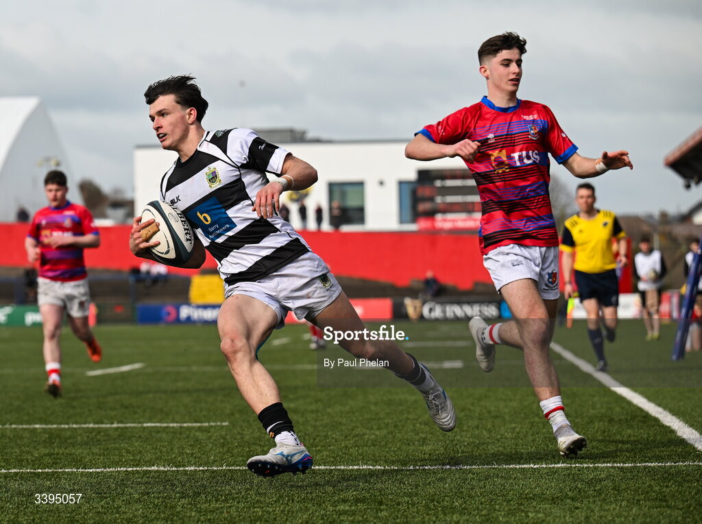 18 March 2026; Bobby O’Callaghan of Presentation Brothers College scores a try during the Pinergy Munster Schools Boys Senior Cup final match between Presentation Brothers College, Cork and St. Munchin’s College, Limerick at Virgin Media Park in Cork. Photo by Paul Phelan/Sportsfile