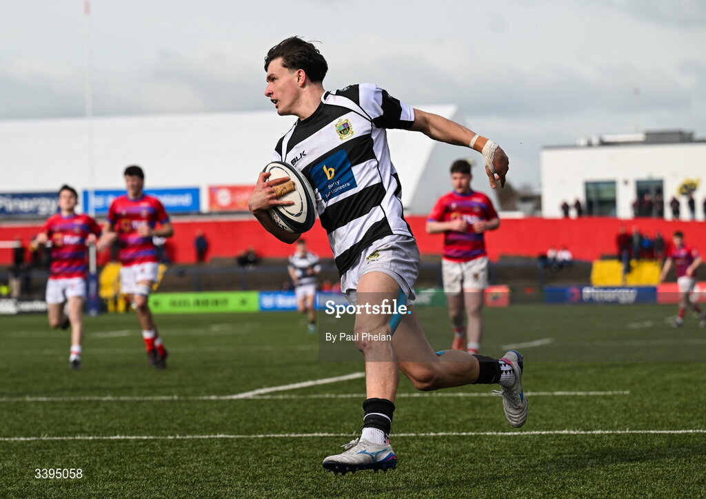 18 March 2026; Bobby O’Callaghan of Presentation Brothers College scores a try during the Pinergy Munster Schools Boys Senior Cup final match between Presentation Brothers College, Cork and St. Munchin’s College, Limerick at Virgin Media Park in Cork. Photo by Paul Phelan/Sportsfile