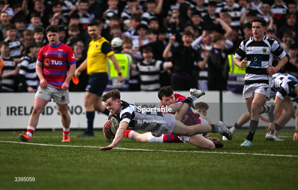 18 March 2026; Bobby Waters of Presentation Brothers College scores a try during the Pinergy Munster Schools Boys Senior Cup final match between Presentation Brothers College, Cork and St. Munchin’s College, Limerick at Virgin Media Park in Cork. Photo by Paul Phelan/Sportsfile