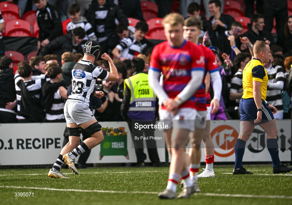 18 March 2026; Joe Healy of Presentation Brothers College celebrates Dan O’Leary’s try during the Pinergy Munster Schools Boys Senior Cup final match between Presentation Brothers College, Cork and St. Munchin’s College, Limerick at Virgin Media Park in Cork. Photo by Paul Phelan/Sportsfile