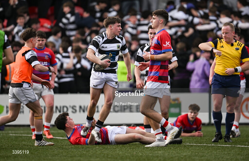 18 March 2026; Bobby Waters of Presentation Brothers College celebrates scoring a try during the Pinergy Munster Schools Boys Senior Cup final match between Presentation Brothers College, Cork and St. Munchin’s College, Limerick at Virgin Media Park in Cork. Photo by Paul Phelan/Sportsfile
