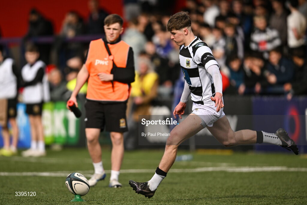 18 March 2026; Daniel Murphy of Presentation Brothers College takes a conversion during the Pinergy Munster Schools Boys Senior Cup final match between Presentation Brothers College, Cork and St. Munchin’s College, Limerick at Virgin Media Park in Cork. Photo by Paul Phelan/Sportsfile