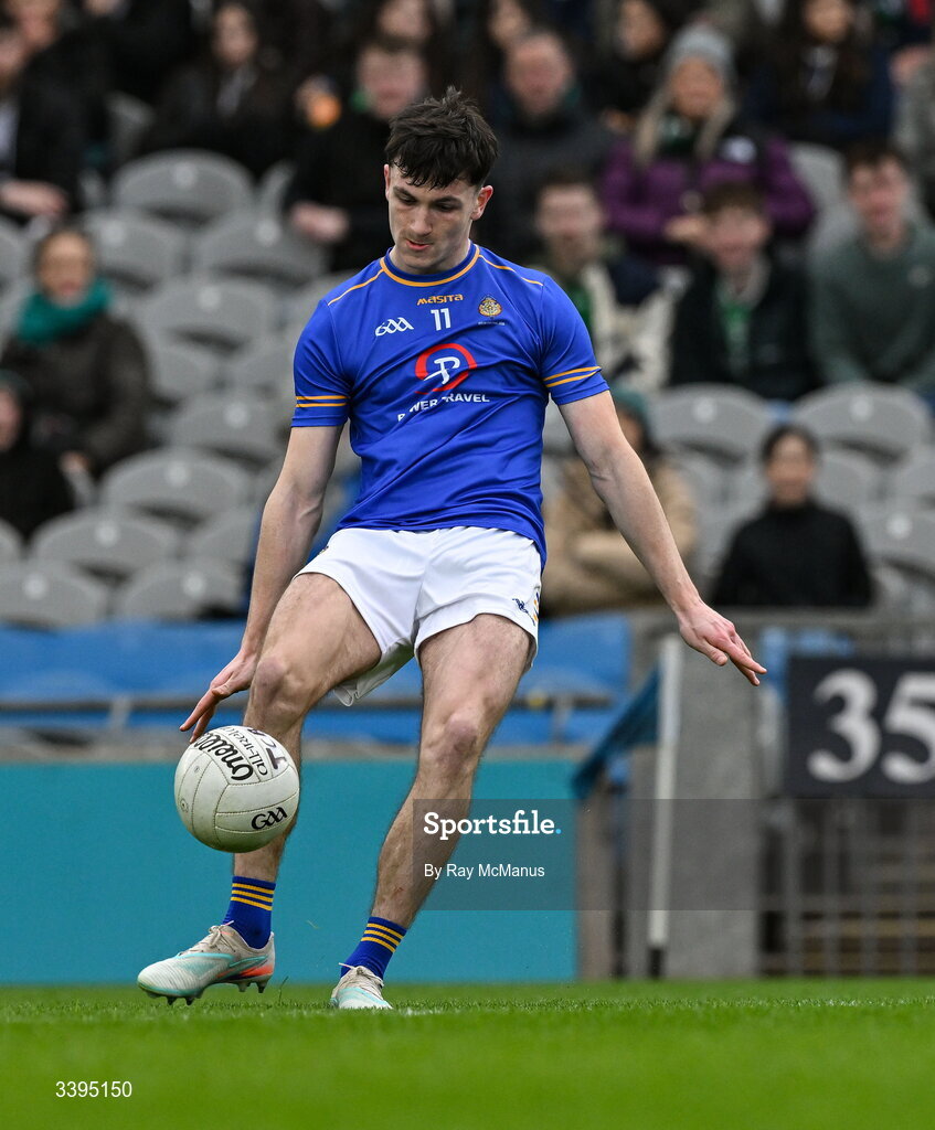 17 March 2026; Ronan Carroll of Tralee CBS kicks his side's 14th point, to level the score, during the Masita GAA Post Primary Schools Hogan Cup final match between Coláiste Mhuire Mullingar, Westmeath, and Tralee CBS, Kerry,  at Croke Park in Dublin. Photo by Ray McManus/Sportsfile