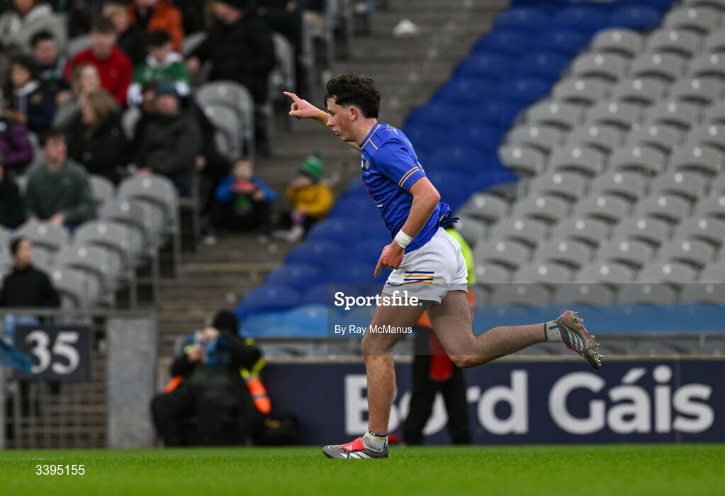 17 March 2026; Cian McKenna of Tralee CBS celebrates scoring a goal, in the 41st minute, during the Masita GAA Post Primary Schools Hogan Cup final match between Coláiste Mhuire Mullingar, Westmeath, and Tralee CBS, Kerry,  at Croke Park in Dublin. Photo by Ray McManus/Sportsfile