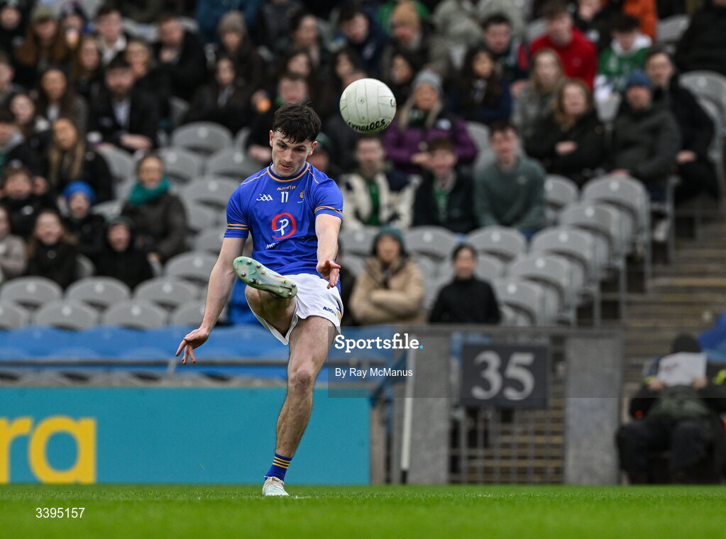 17 March 2026; Ronan Carroll of Tralee CBS kicks his side's 14th point, to level the score, during the Masita GAA Post Primary Schools Hogan Cup final match between Coláiste Mhuire Mullingar, Westmeath, and Tralee CBS, Kerry,  at Croke Park in Dublin. Photo by Ray McManus/Sportsfile