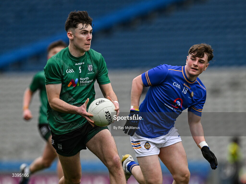 17 March 2026; Michael Weir of Coláiste Mhuire, Mullingar, in action against Ryan Hurley of Tralee CBS, during the Masita GAA Post Primary Schools Hogan Cup final match between Coláiste Mhuire Mullingar, Westmeath, and Tralee CBS, Kerry,  at Croke Park in Dublin. Photo by Ray McManus/Sportsfile