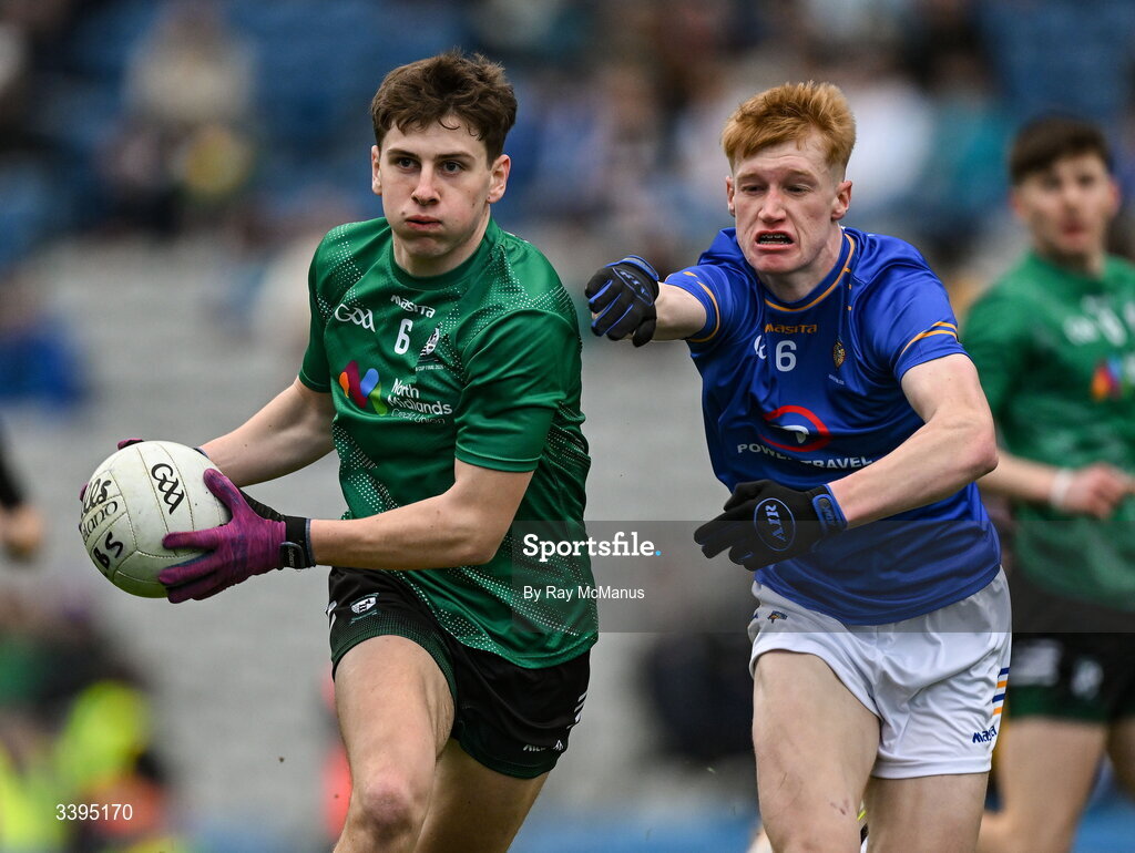 17 March 2026; Seán Byrne of Coláiste Mhuire, Mullingar, in action against Eoin O’Flaherty of Tralee CBS during the Masita GAA Post Primary Schools Hogan Cup final match between Coláiste Mhuire Mullingar, Westmeath, and Tralee CBS, Kerry,  at Croke Park in Dublin. Photo by Ray McManus/Sportsfile
