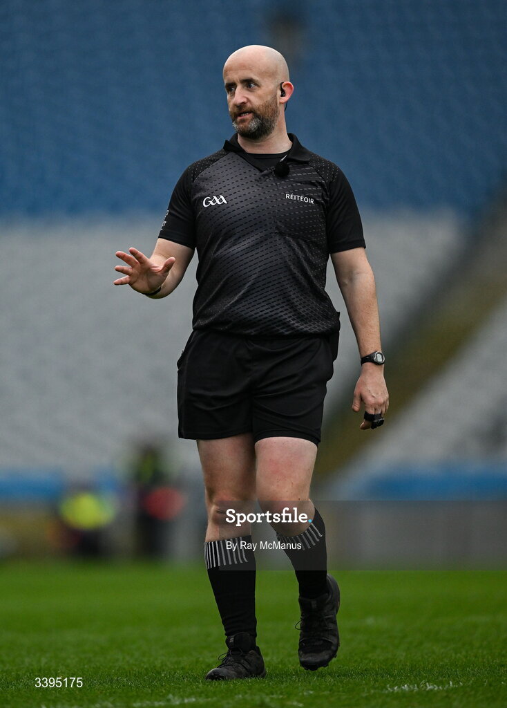 17 March 2026; Referee Brendan Cawley during the Masita GAA Post Primary Schools Hogan Cup final match between Coláiste Mhuire Mullingar, Westmeath, and Tralee CBS, Kerry,  at Croke Park in Dublin. Photo by Ray McManus/Sportsfile