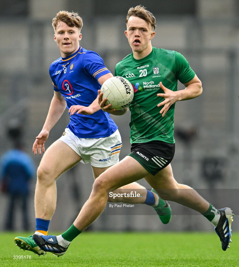 17 March 2026; Seán Hayes of Coláiste Mhuire, Mullingar in action against Máirtín McKivergan of Tralee CBS during the Masita GAA Post Primary Schools Hogan Cup final match between Coláiste Mhuire Mullingar, Westmeath, and Tralee CBS, Kerry, at Croke Park in Dublin. Photo by Paul Phelan/Sportsfile