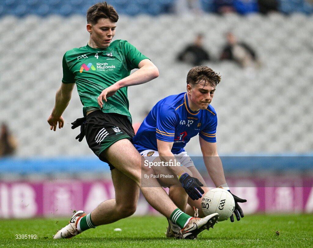 17 March 2026; Eoin Donohue of Coláiste Mhuire, Mullingar in action against Ryan Hurley of Tralee CBS during the Masita GAA Post Primary Schools Hogan Cup final match between Coláiste Mhuire Mullingar, Westmeath, and Tralee CBS, Kerry, at Croke Park in Dublin. Photo by Paul Phelan/Sportsfile