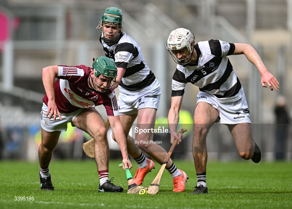 17 March 2026; Niall McCarthy of Athenry and Bill McDermott of St Kieran's College battle for possesion during the Masita GAA Post Primary Schools Croke Cup final match between Presentation College Athenry, Galway, and St Kieran's College, Kilkenny, at Croke Park in Dublin. Photo by Paul Phelan/Sportsfile